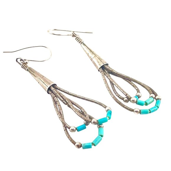 Boho 1970s Silver & Turquoise Beaded Dangle Earrings 2" Bohemian Chic Jewelry - Picture 4 of 8